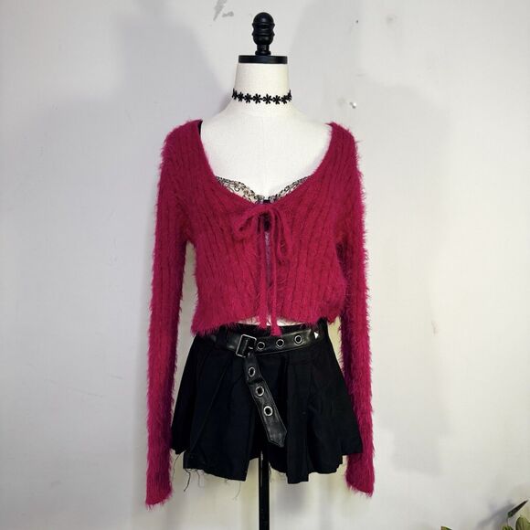 Y2K Hot Pink Cardigan Sweater Front-Tie Softgirl Barbiecore Girlcore Fairy 90s M - Picture 2 of 6
